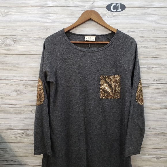 etwo Tops - ETWO Dark Gray Long Sleeve Blouse Gold Patches
